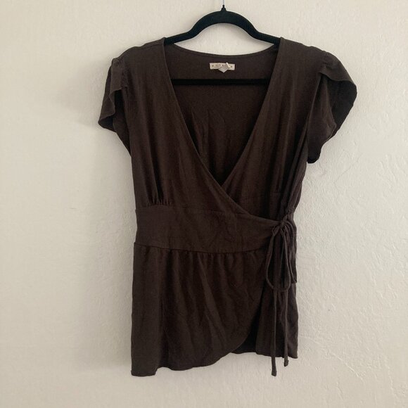 Old Navy Y2K Babydoll Surplice Wrap Top Brown Preppy Tie Front Medium Vintage - Picture 1 of 9